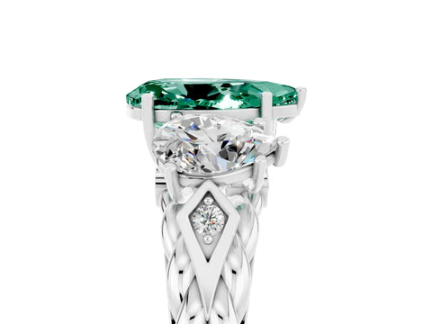 White gold Three-Stone Pear Cut Green Sapphire Braided Band Ring with Four-Prong Setting_17