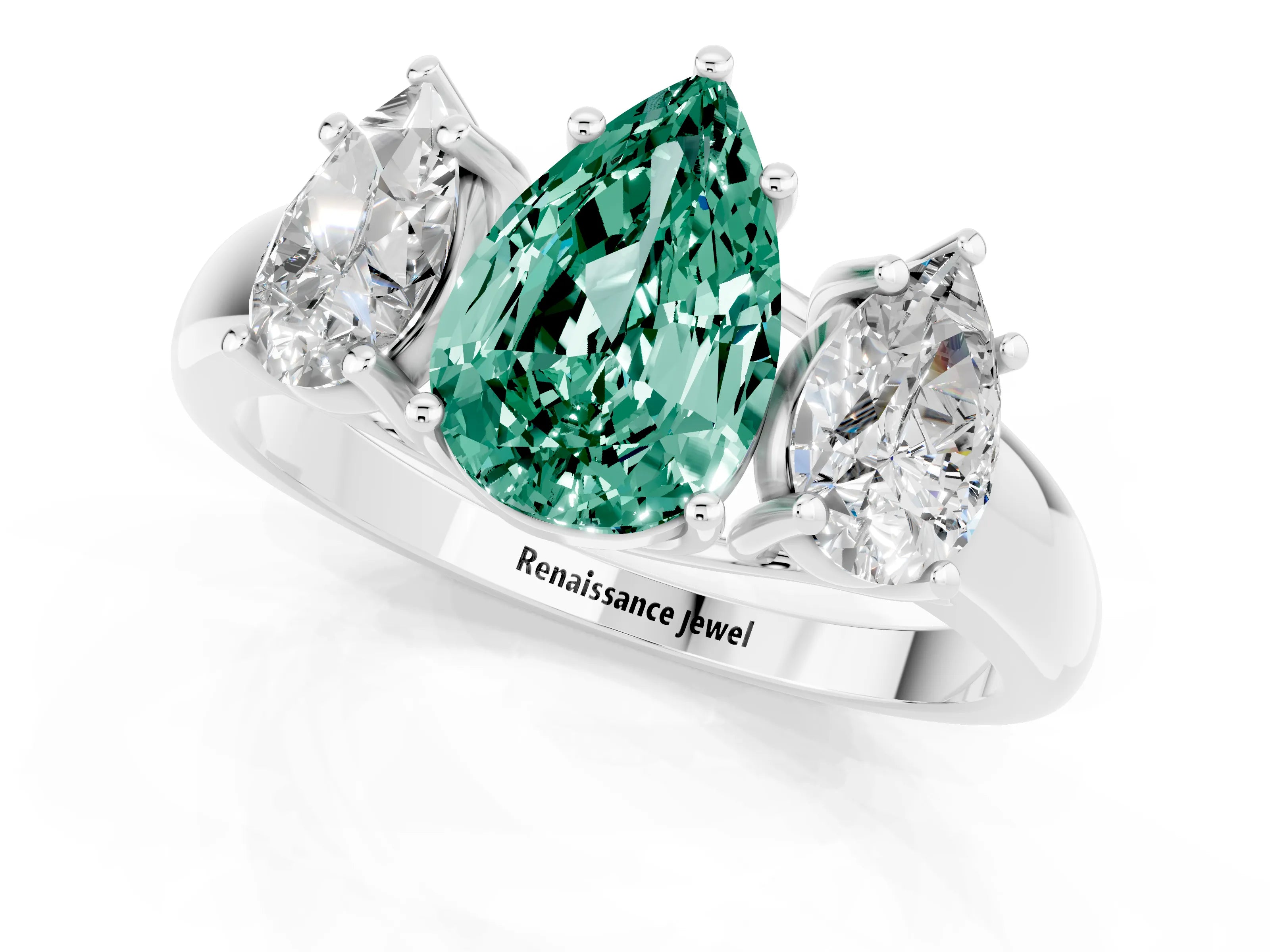 White gold Three-Stone Pear Cut Green Sapphire Engagement Ring with Prong Setting_1