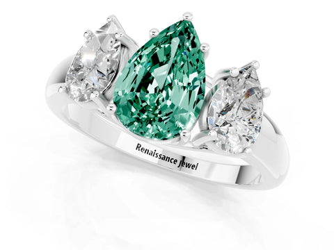 White gold Three-Stone Pear Cut Green Sapphire Engagement Ring with Prong Setting_1