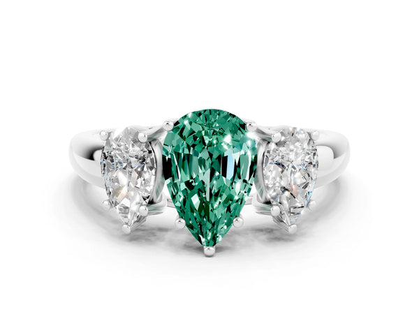 Silver Three-Stone Pear Cut Green Sapphire Engagement Ring with Prong Setting