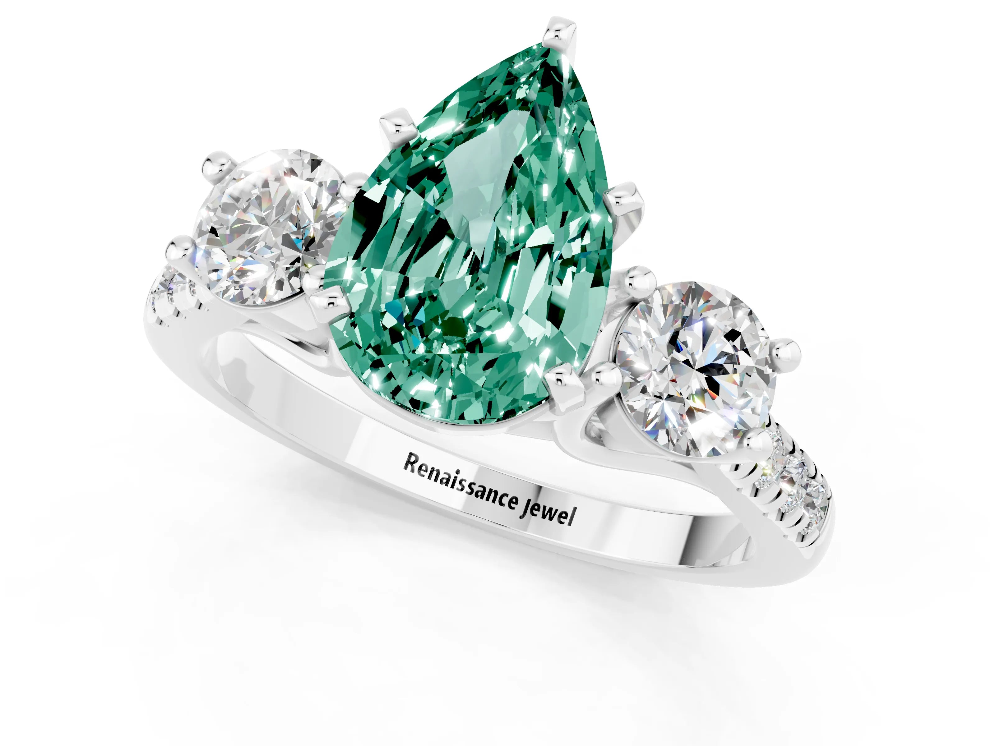 White gold Three-Stone Pear Cut Green Sapphire Pavé Band with Four-Prong Setting_1