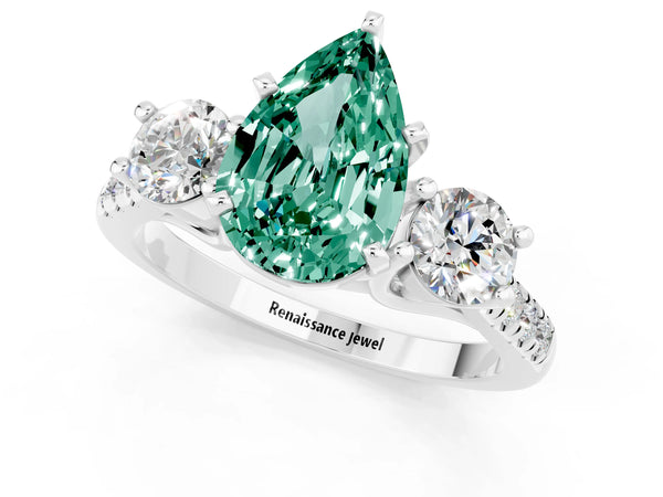 Platinum Three-Stone Pear Cut Green Sapphire Pavé Band with Four-Prong Setting