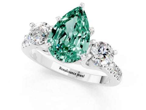 White gold Three-Stone Pear Cut Green Sapphire Pavé Band with Four-Prong Setting_1