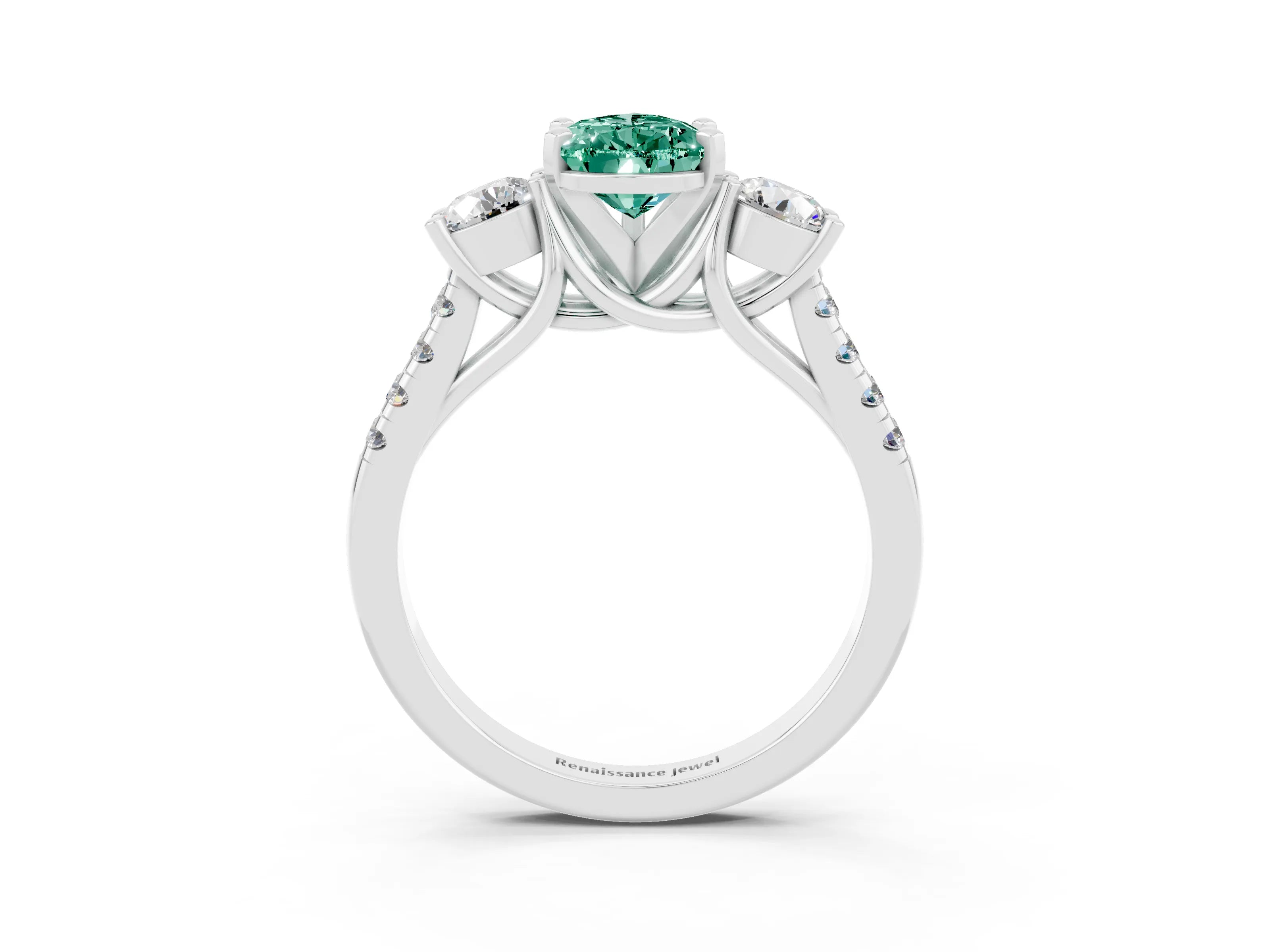 White gold Three-Stone Pear Cut Green Sapphire Pavé Band with Four-Prong Setting_3