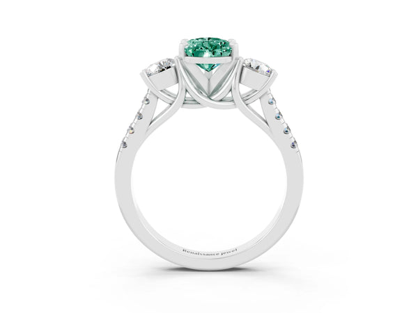 Silver Three-Stone Pear Cut Green Sapphire Pavé Band with Four-Prong Setting