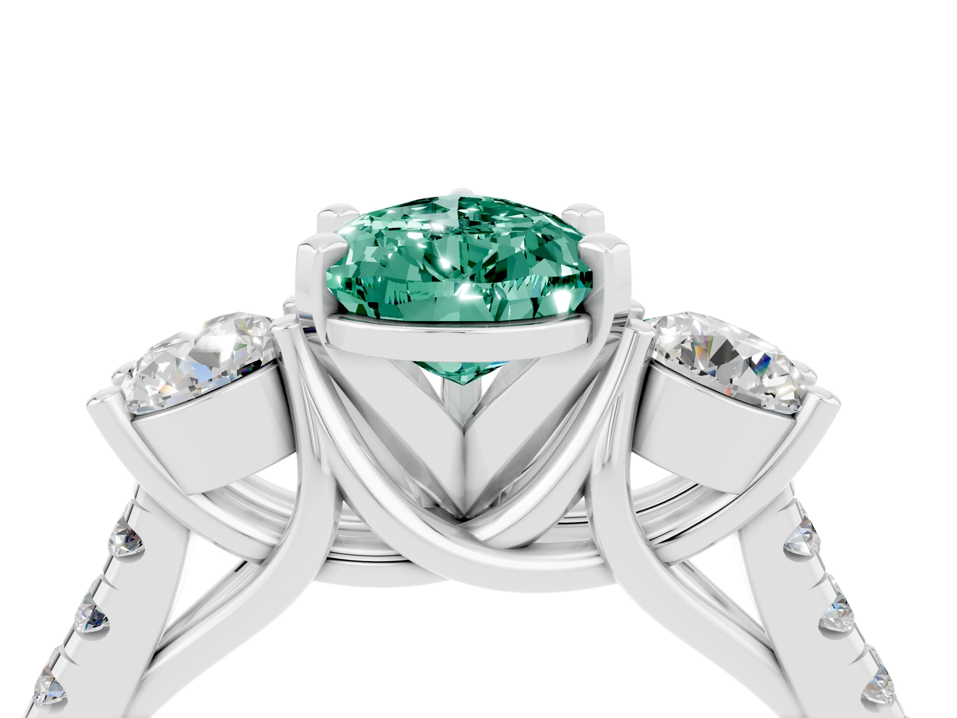 White gold Three-Stone Pear Cut Green Sapphire Pavé Band with Four-Prong Setting_4