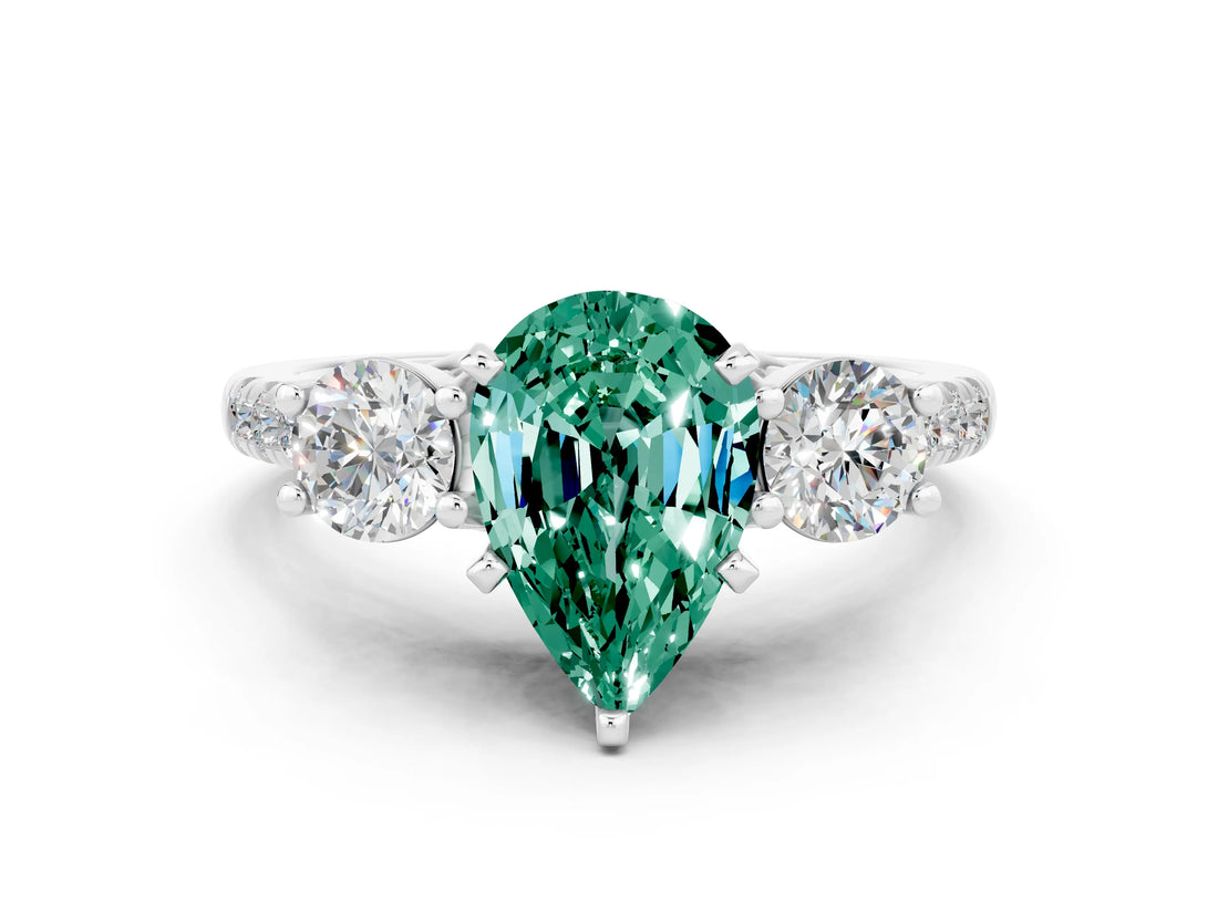 White gold Three-Stone Pear Cut Green Sapphire Pavé Band with Four-Prong Setting