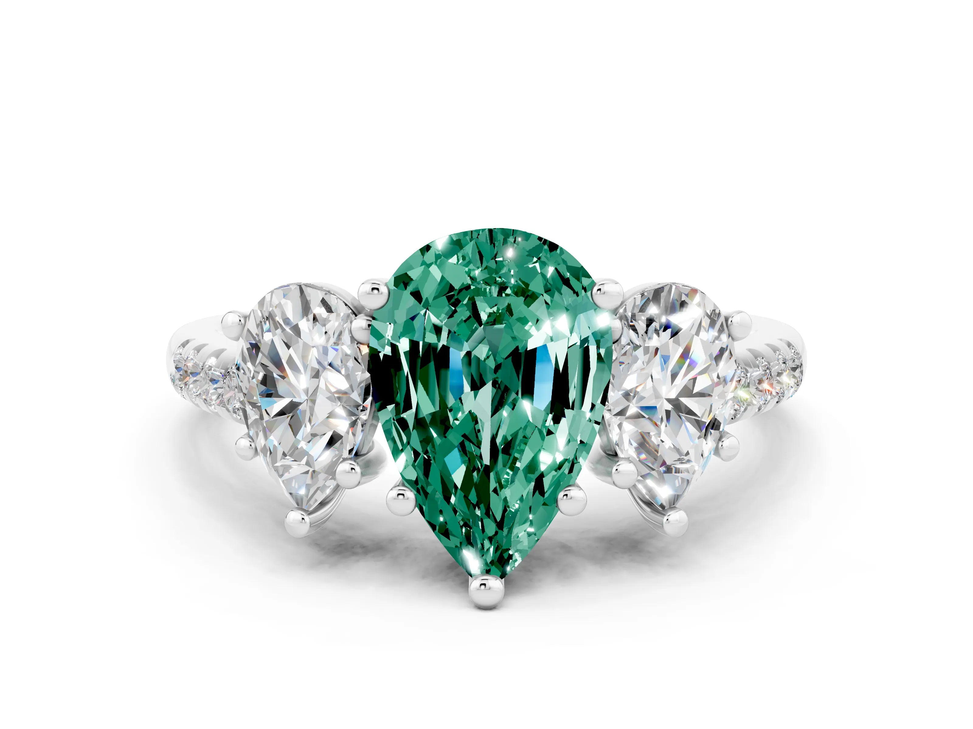 White gold Three-Stone Pear Cut Green Sapphire Ring with Pavé Band and Prong Setting_12