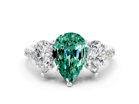 White gold Three-Stone Pear Cut Green Sapphire Ring with Pavé Band and Prong Setting_12