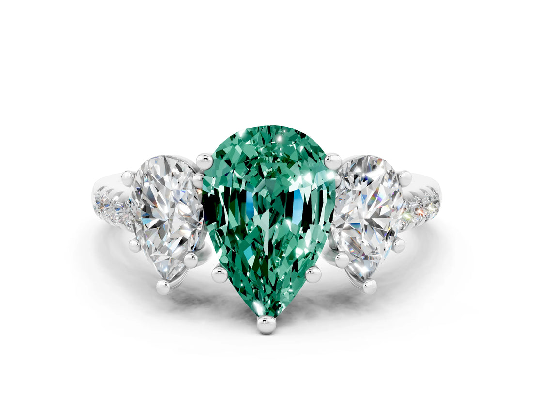 White gold Three-Stone Pear Cut Green Sapphire Ring with Pavé Band and Prong Setting_12