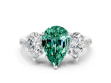 White gold Three-Stone Pear Cut Green Sapphire Ring with Pavé Band and Prong Setting_12