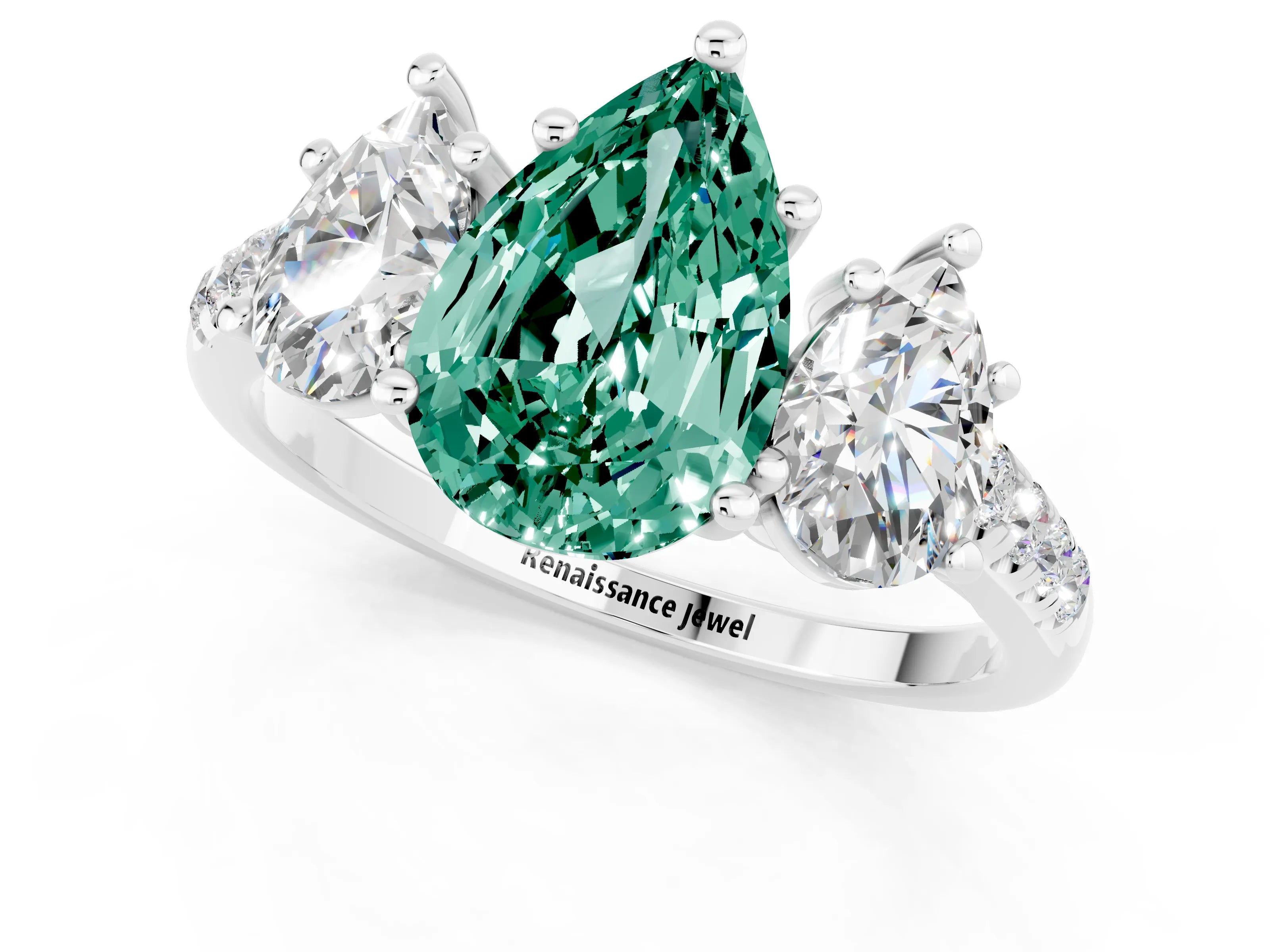 White gold Three-Stone Pear Cut Green Sapphire Ring with Pavé Band and Prong Setting_13