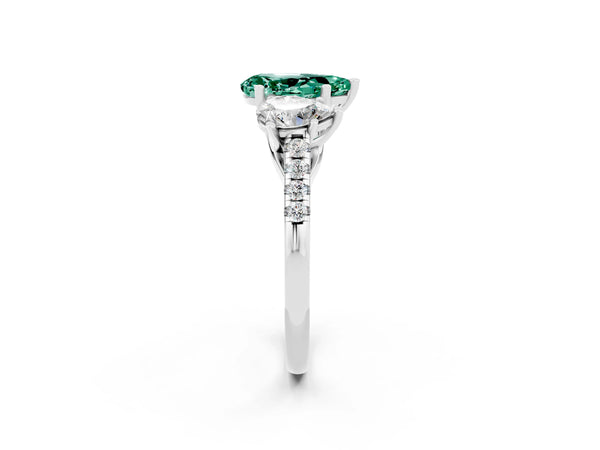 White gold Three-Stone Pear Cut Green Sapphire Ring with Round  Pavé Band and Prong Setting