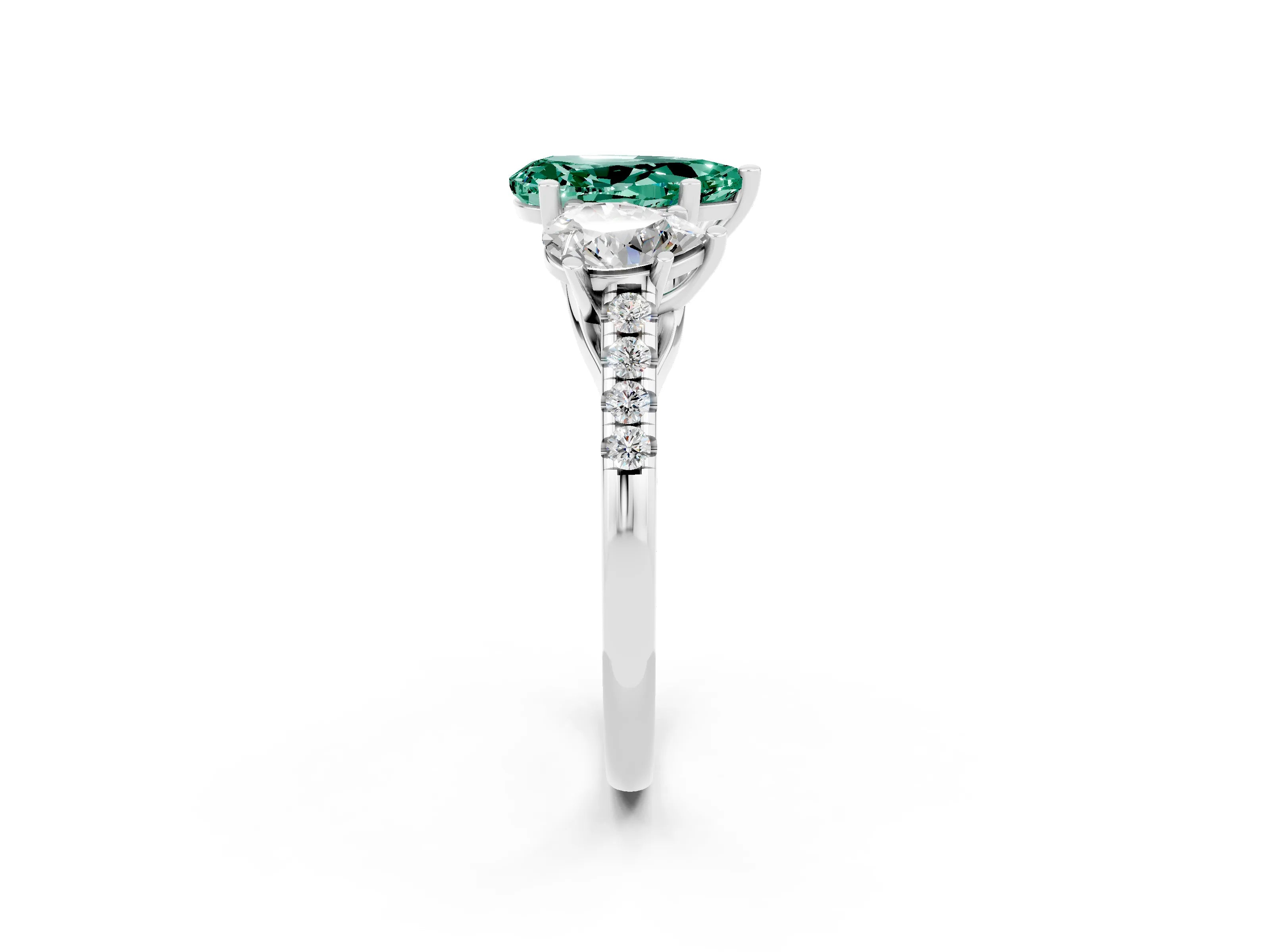 White gold Three-Stone Pear Cut Green Sapphire Ring with Pavé Band and Prong Setting_14
