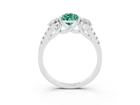White gold Three-Stone Pear Cut Green Sapphire Ring with Pavé Band and Prong Setting_15