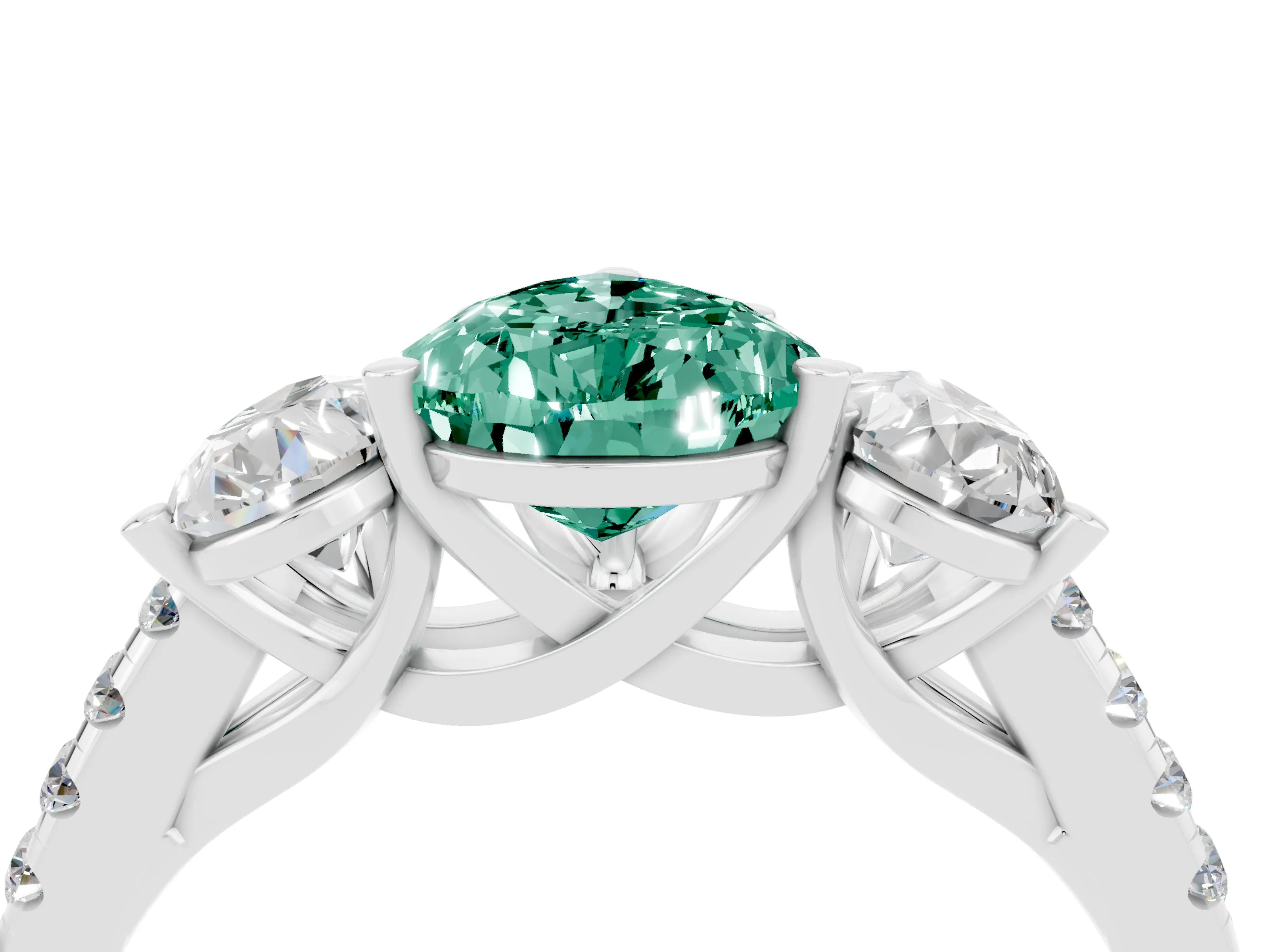 White gold Three-Stone Pear Cut Green Sapphire Ring with Pavé Band and Prong Setting_16
