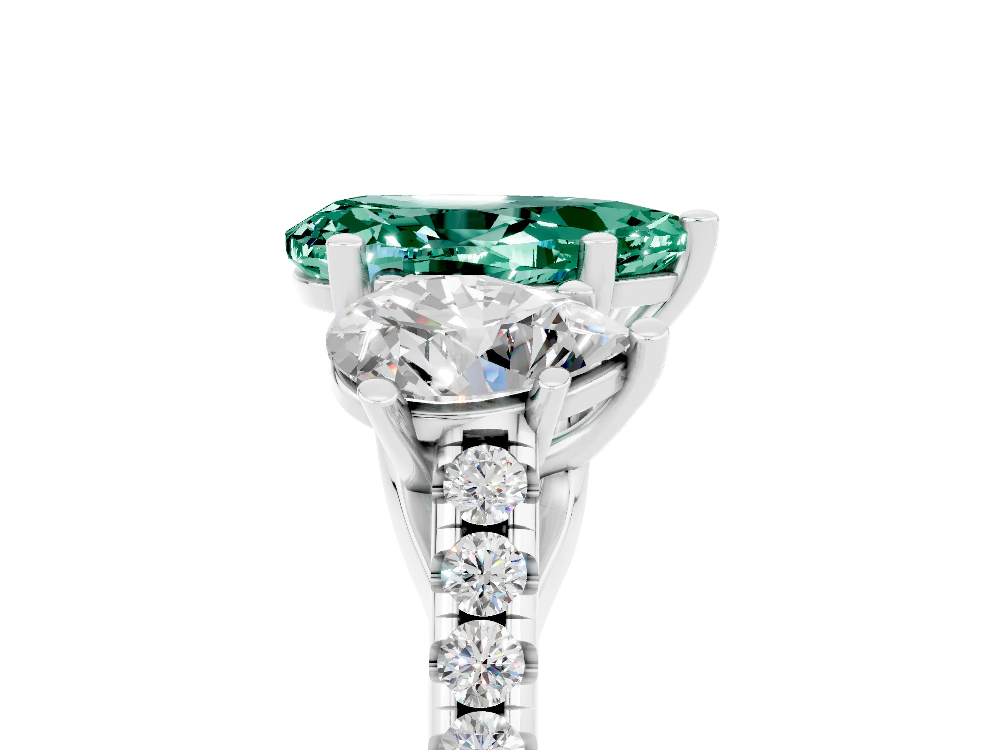 White gold Three-Stone Pear Cut Green Sapphire Ring with Pavé Band and Prong Setting_17