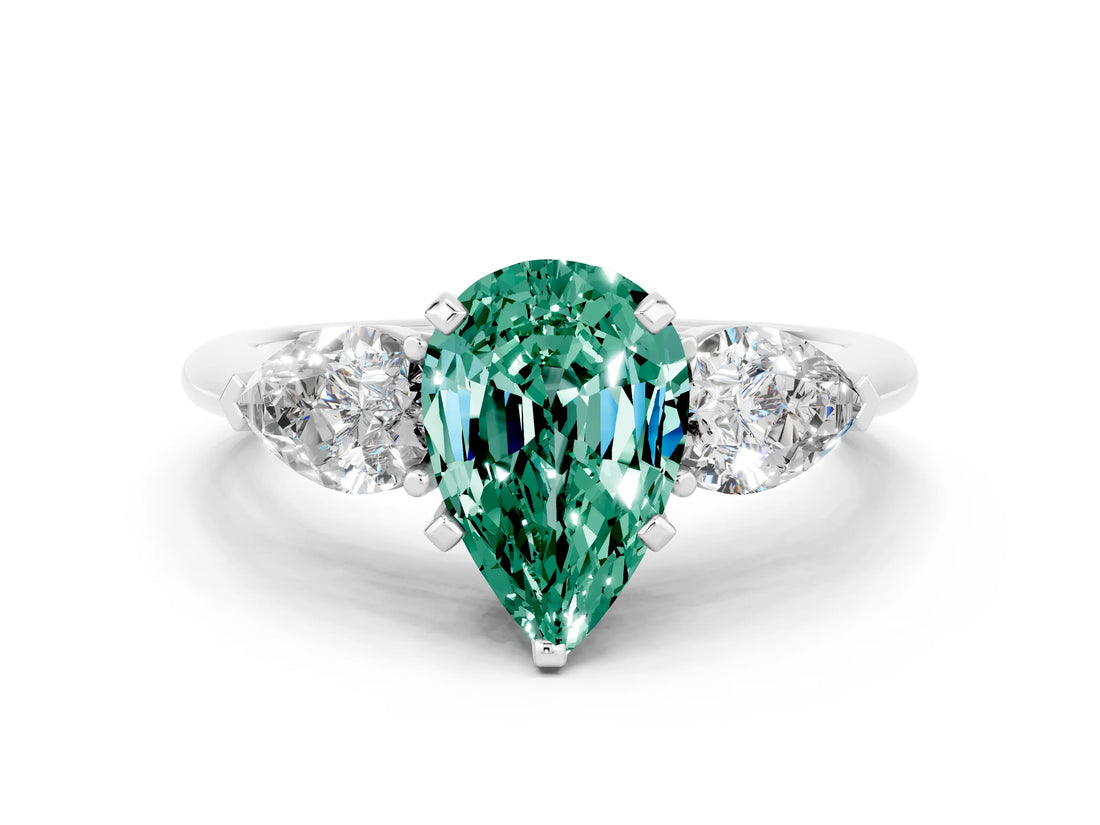 White gold Three-Stone Pear Cut Green Sapphire Ring with Pear Side Stones and Four-Prong Setting