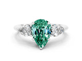 White gold Three-Stone Pear Cut Green Sapphire Ring with Pear Side Stones and Four-Prong Setting