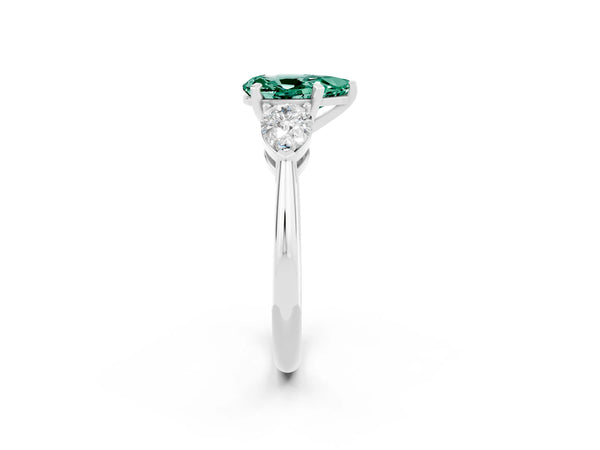 Platinum Three-Stone Pear Cut Green Sapphire Ring with Pear Side Stones and Four-Prong Setting