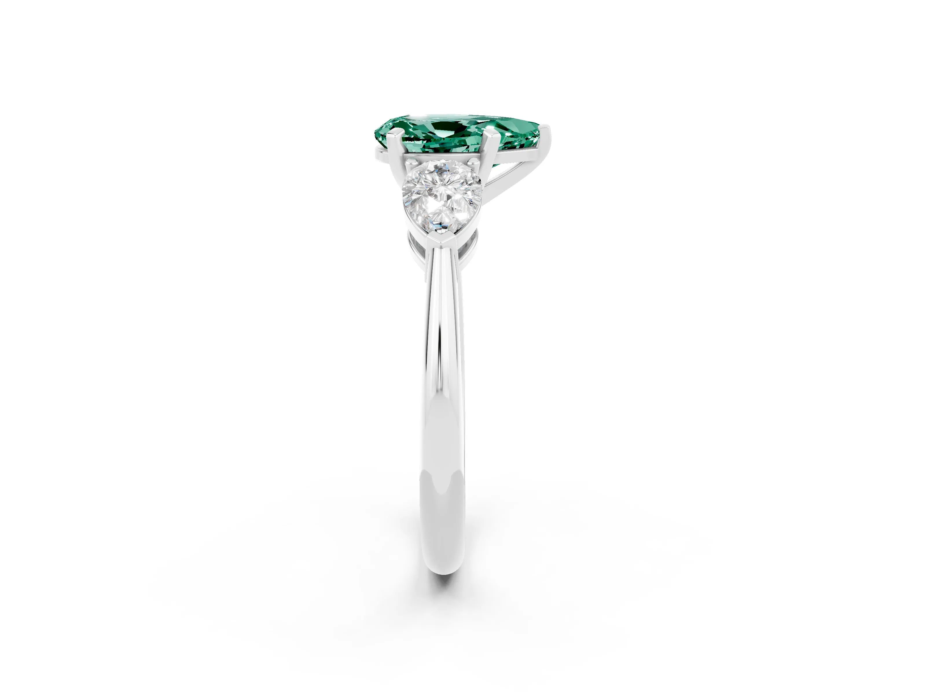 White gold Three-Stone Pear Cut Green Sapphire Ring with Pear Side Stones and Four-Prong Setting_2