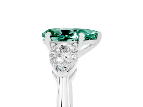 White gold Three-Stone Pear Cut Green Sapphire Ring with Pear Side Stones and Four-Prong Setting_5