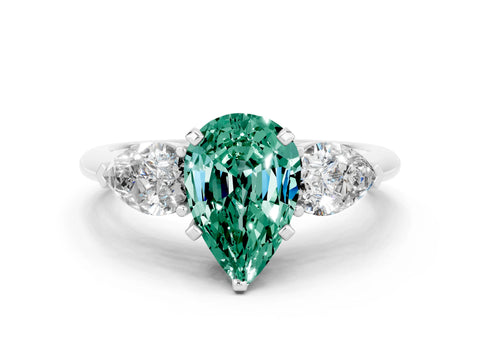White gold Three-Stone Pear Cut Green Sapphire Ring with Pear Side Stones and Four-Prong Setting