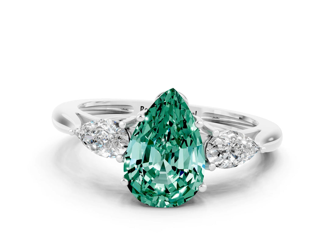 White gold Three-Stone Pear Cut Green Sapphire Ring with Pear  Side Stones in Four-Prong Setting_12