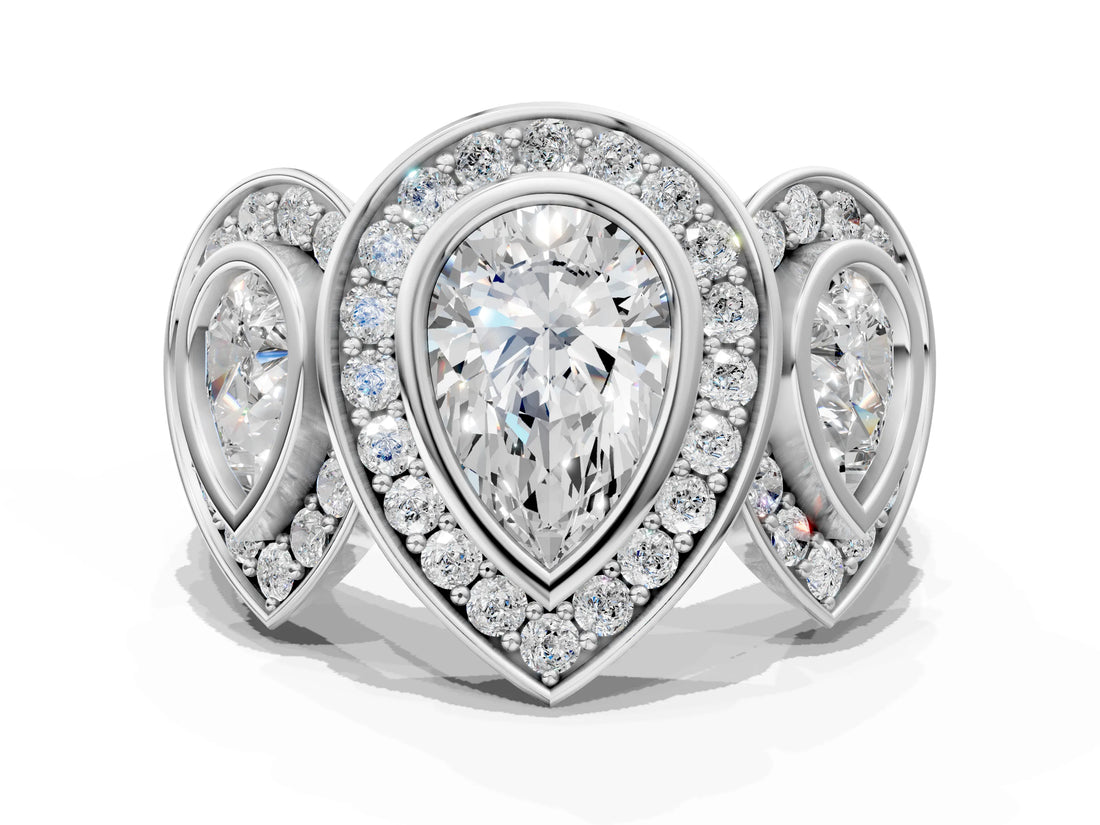 White gold Three-Stone Pear Cut Halo Pavé Diamond Ring_7