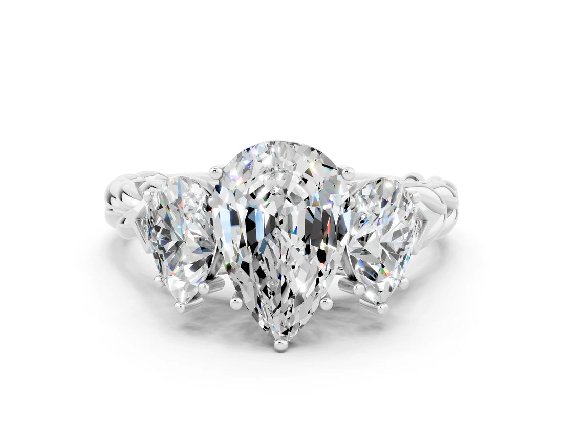 White gold Three-Stone Pear Cut Moissanite Braided Band Ring with Four-Prong Setting_12