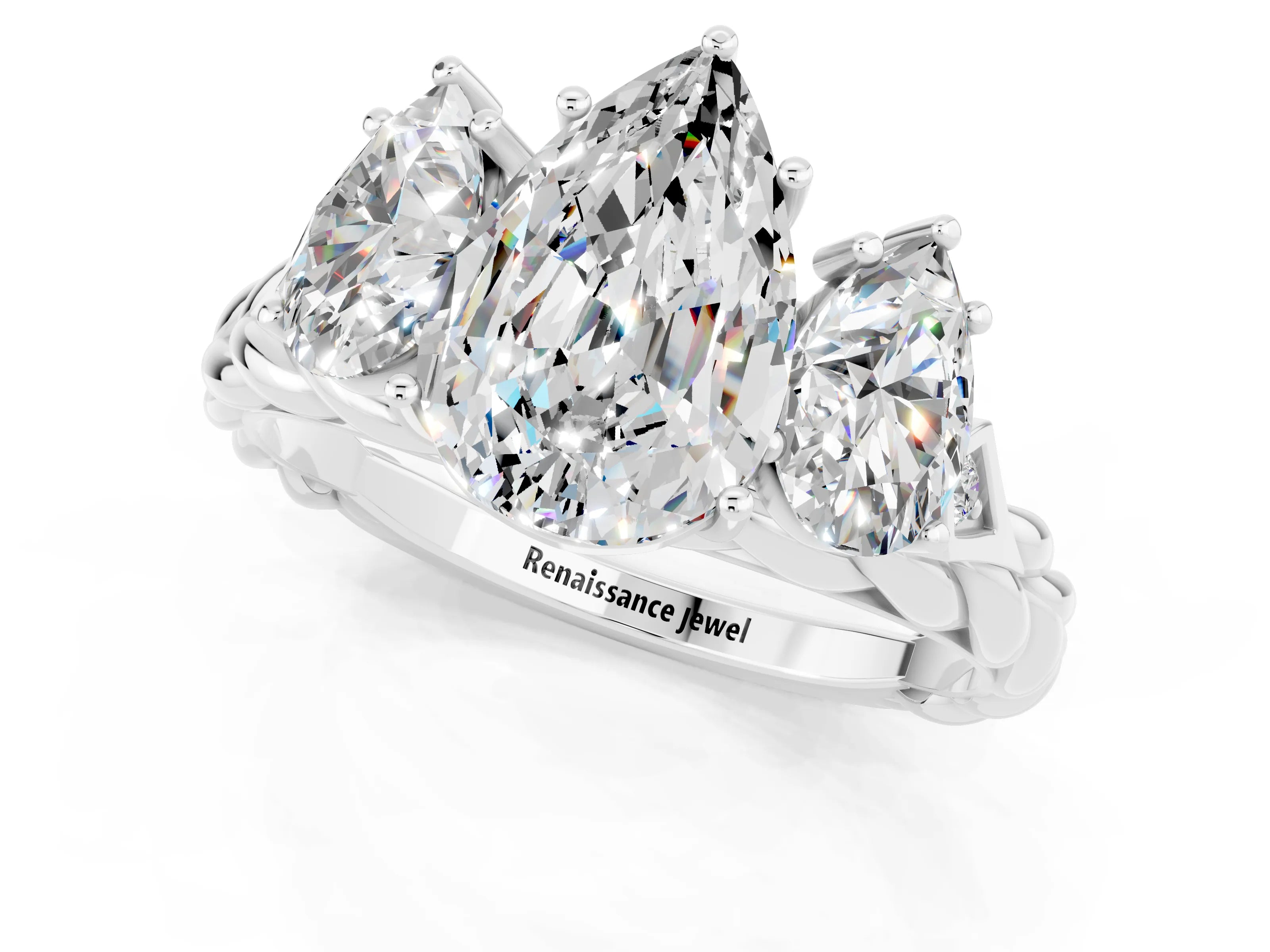 White gold Three-Stone Pear Cut Moissanite Braided Band Ring with Four-Prong Setting_13
