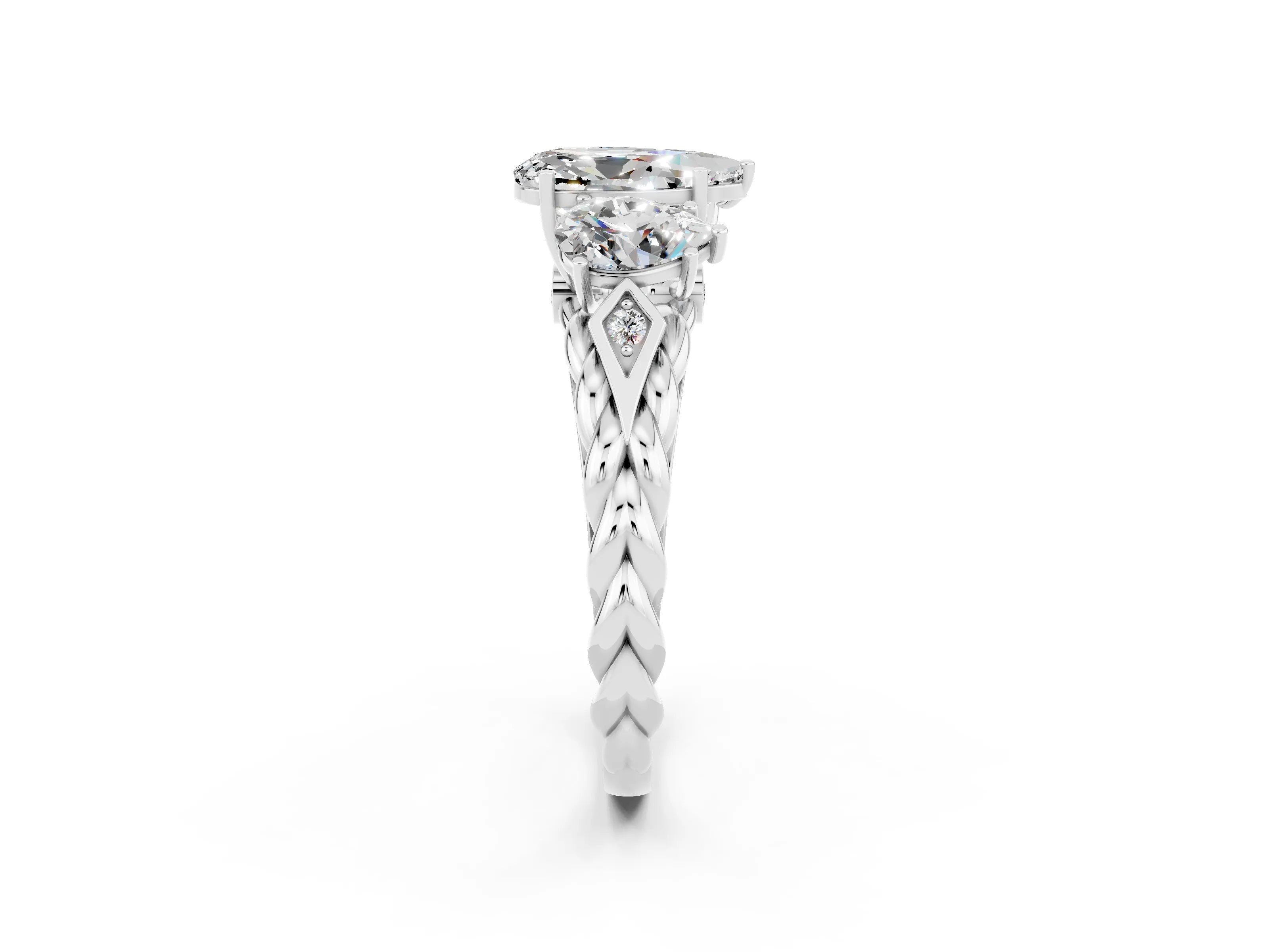 White gold Three-Stone Pear Cut Moissanite Braided Band Ring with Four-Prong Setting_14