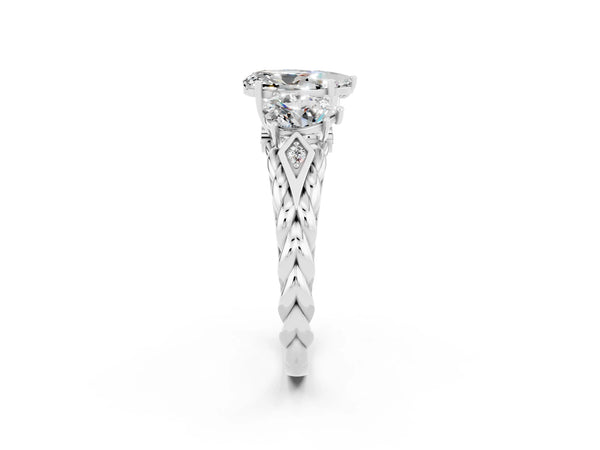White gold Three-Stone Pear Cut Moissanite Braided Band Ring with Four-Prong Setting