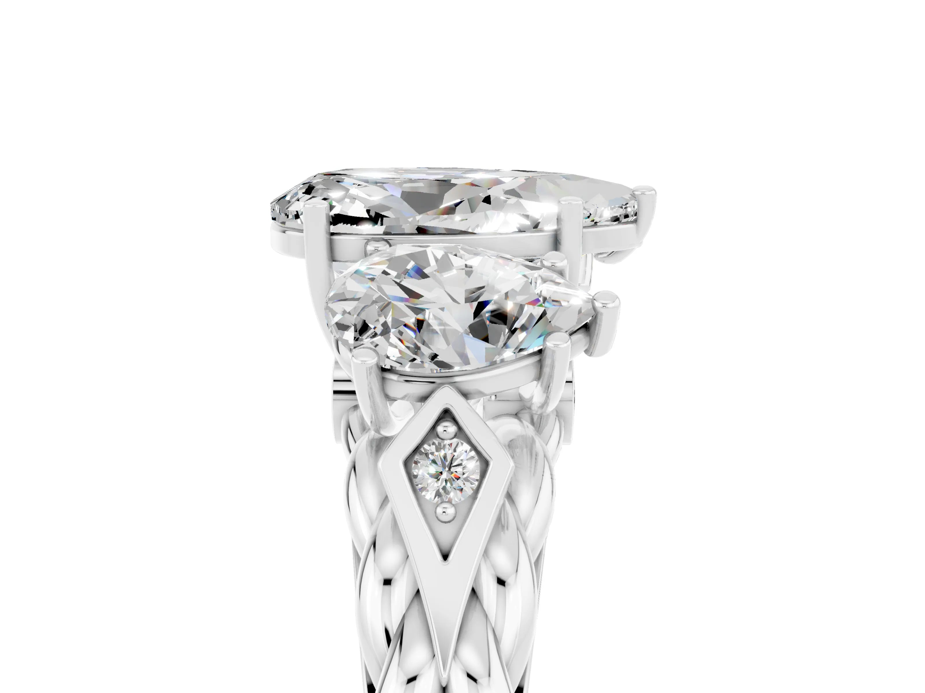 White gold Three-Stone Pear Cut Moissanite Braided Band Ring with Four-Prong Setting_17