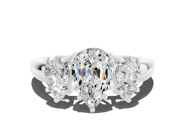 Platinum Three-Stone Pear Cut Moissanite Engagement Ring with Prong Setting