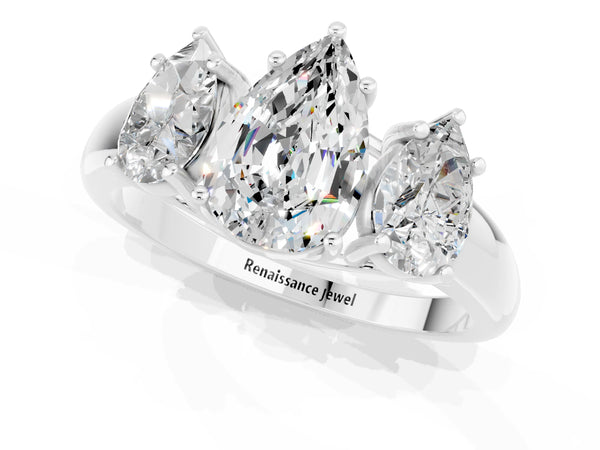 Silver Three-Stone Pear Cut Moissanite Engagement Ring with Prong Setting