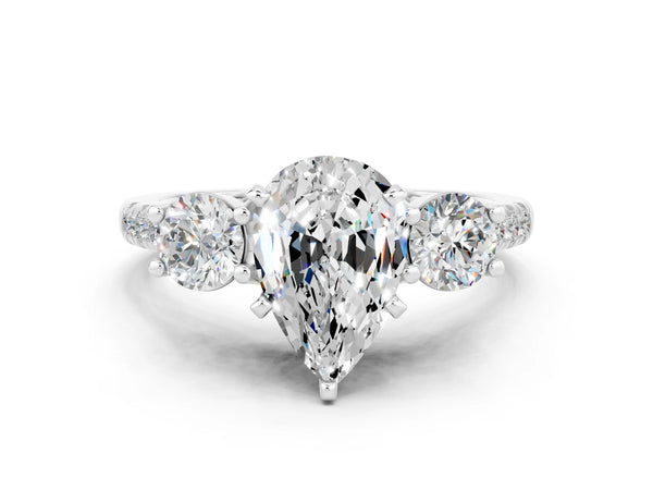 Platinum Three-Stone Pear Cut Moissanite Pavé Band with Four-Prong Setting