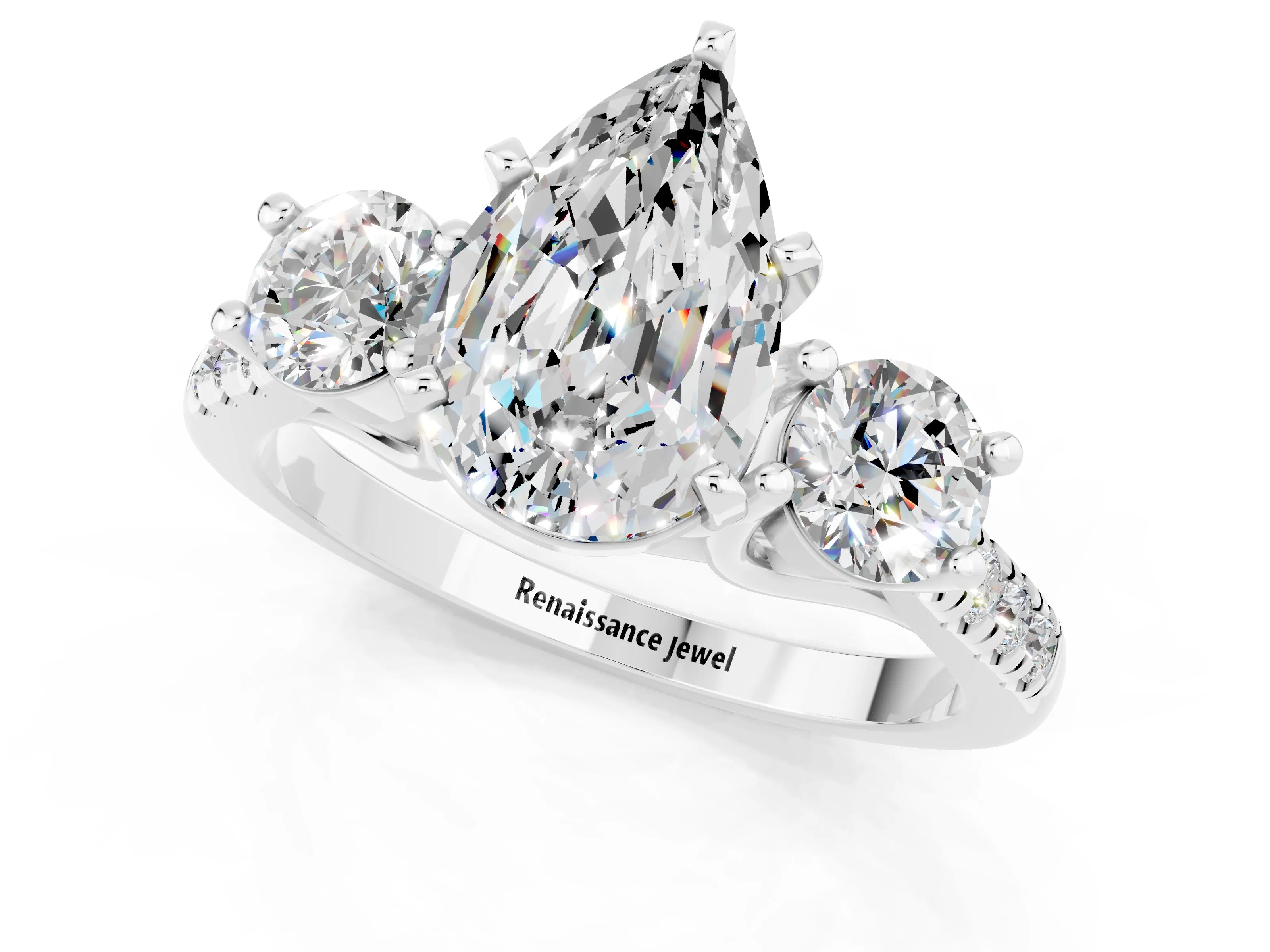 White gold Three-Stone Pear Cut Moissanite Pavé Band with Four-Prong Setting_1