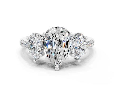 White gold Three-Stone Pear Cut Moissanite Ring with Pavé Band and Prong Setting_12