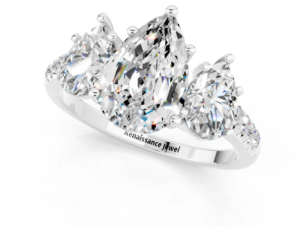 White gold Three-Stone Pear Cut Moissanite Ring with Round  Pavé Band and Prong Setting