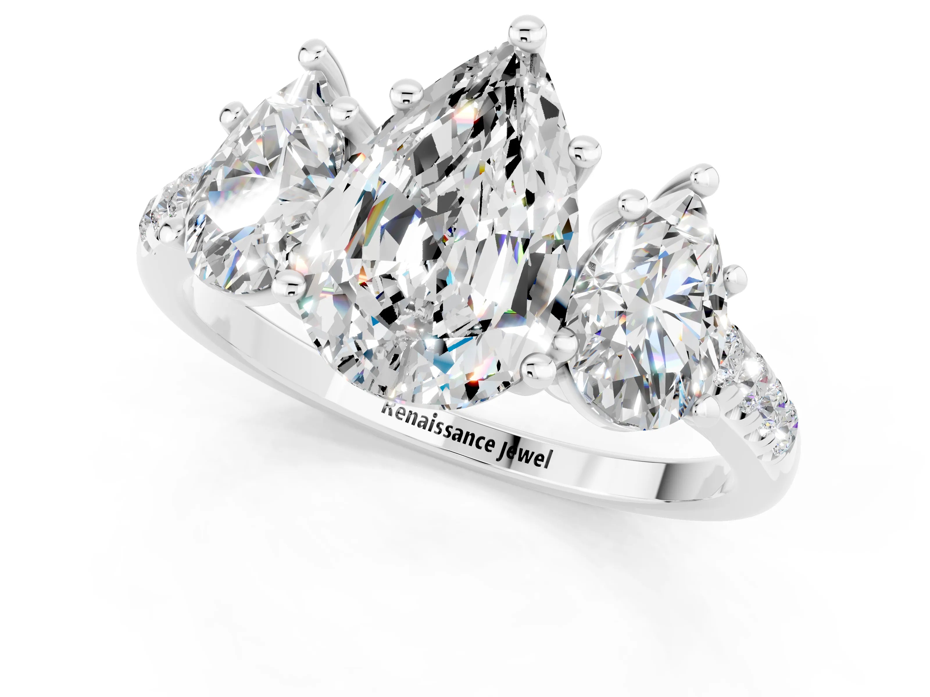 White gold Three-Stone Pear Cut Moissanite Ring with Pavé Band and Prong Setting_13