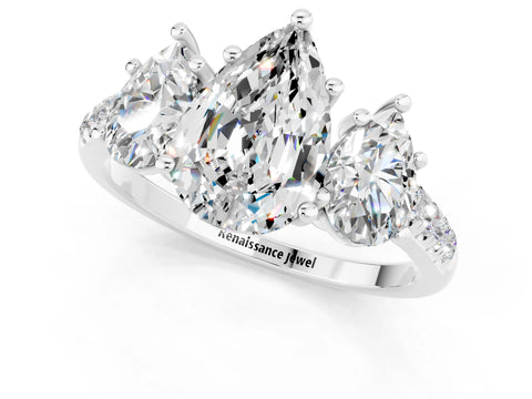 White gold Three-Stone Pear Cut Moissanite Ring with Pavé Band and Prong Setting_13