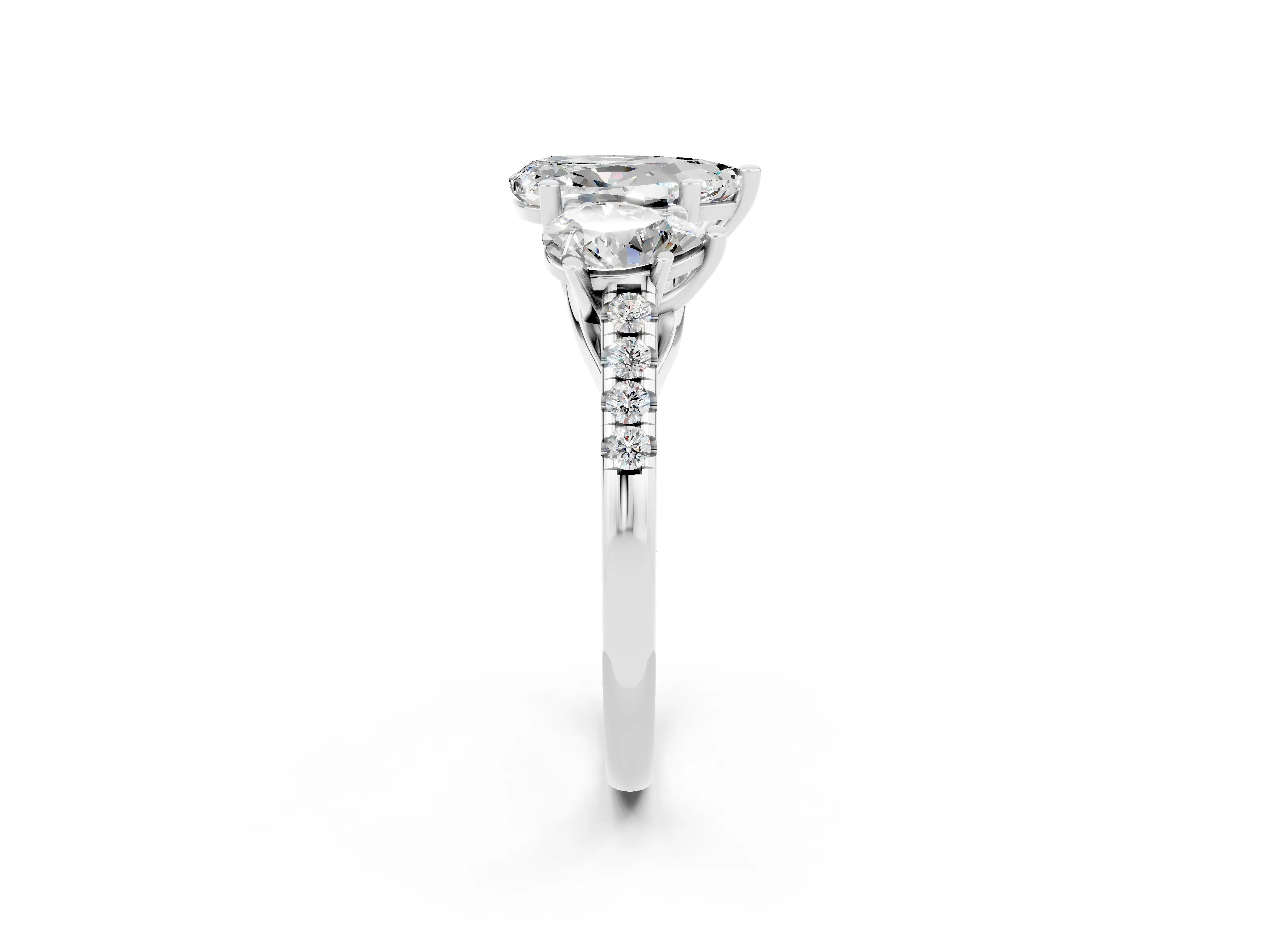 White gold Three-Stone Pear Cut Moissanite Ring with Pavé Band and Prong Setting_14
