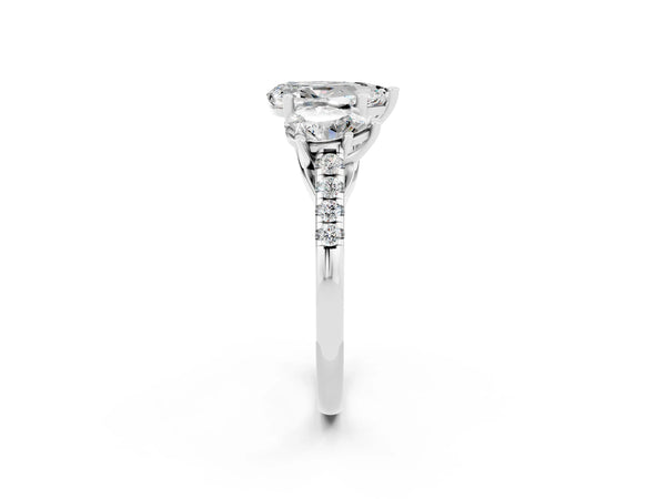 Silver Three-Stone Pear Cut Moissanite Ring with Round  Pavé Band and Prong Setting