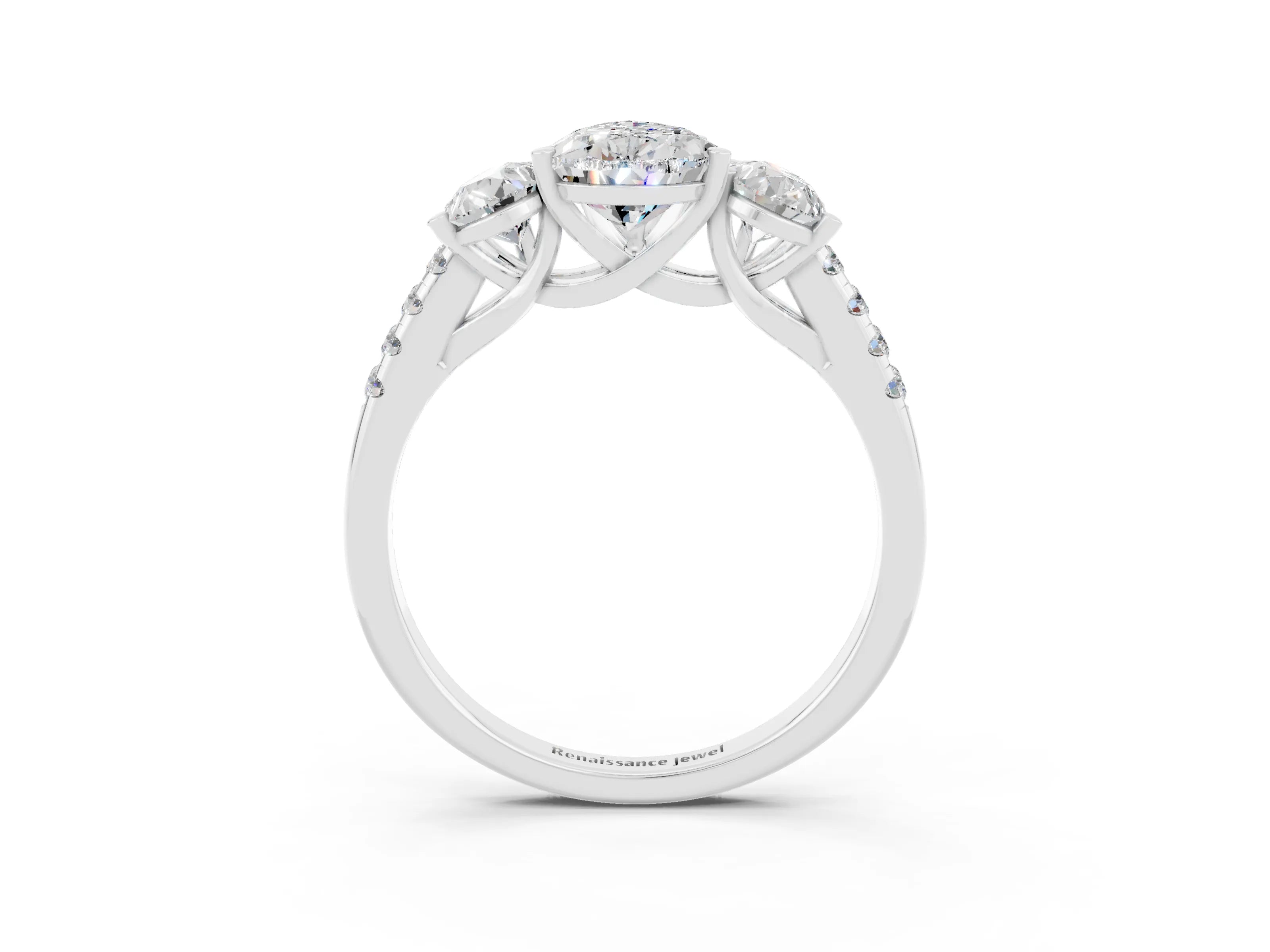 White gold Three-Stone Pear Cut Moissanite Ring with Pavé Band and Prong Setting_15