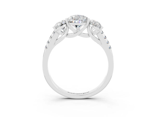 White gold Three-Stone Pear Cut Moissanite Ring with Round  Pavé Band and Prong Setting