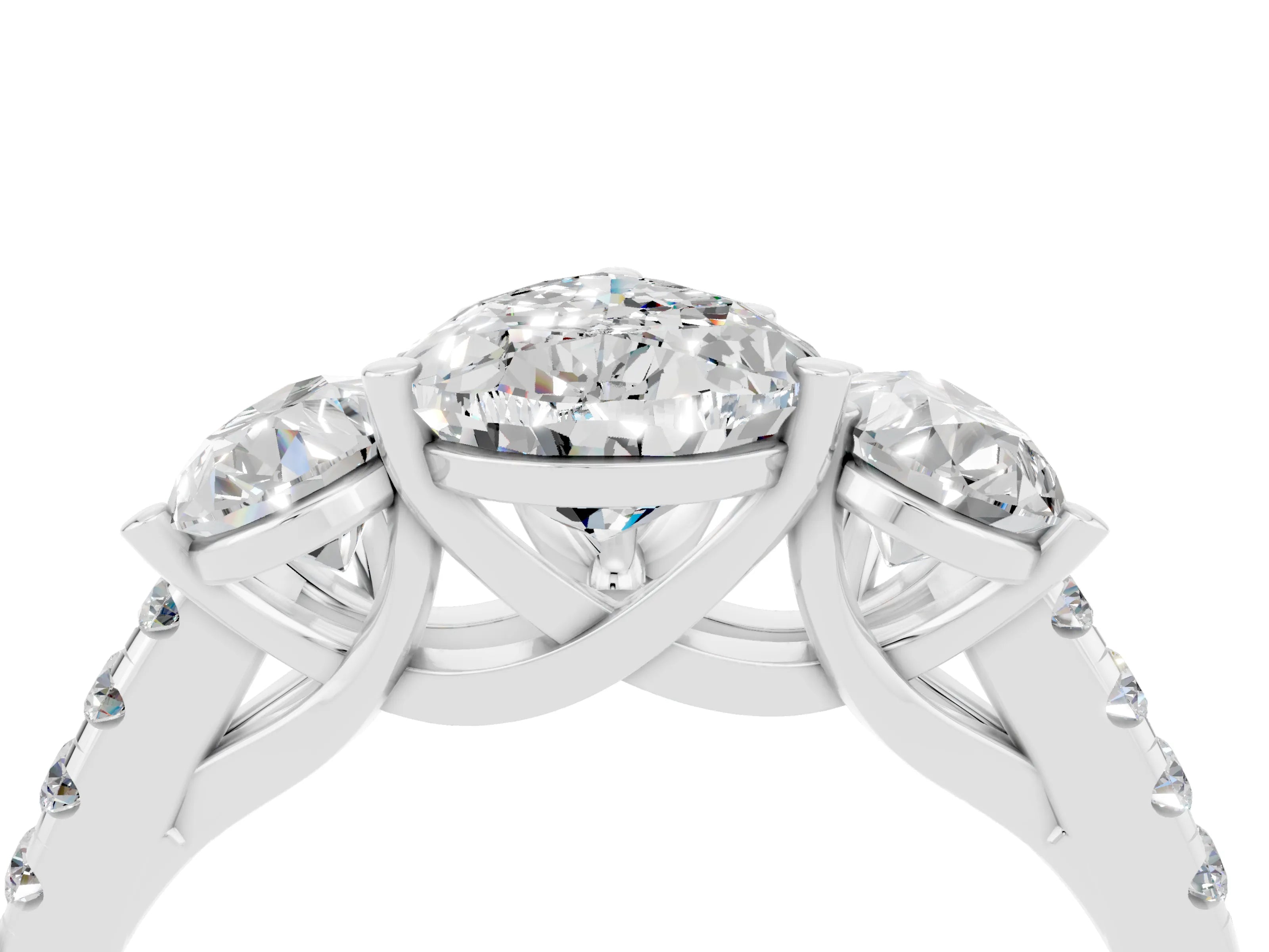 White gold Three-Stone Pear Cut Moissanite Ring with Pavé Band and Prong Setting_16