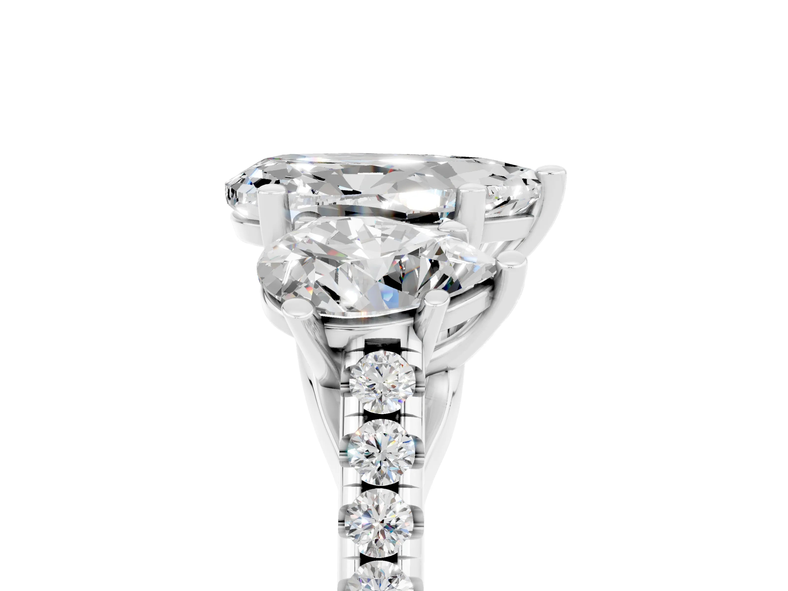 White gold Three-Stone Pear Cut Moissanite Ring with Pavé Band and Prong Setting_17