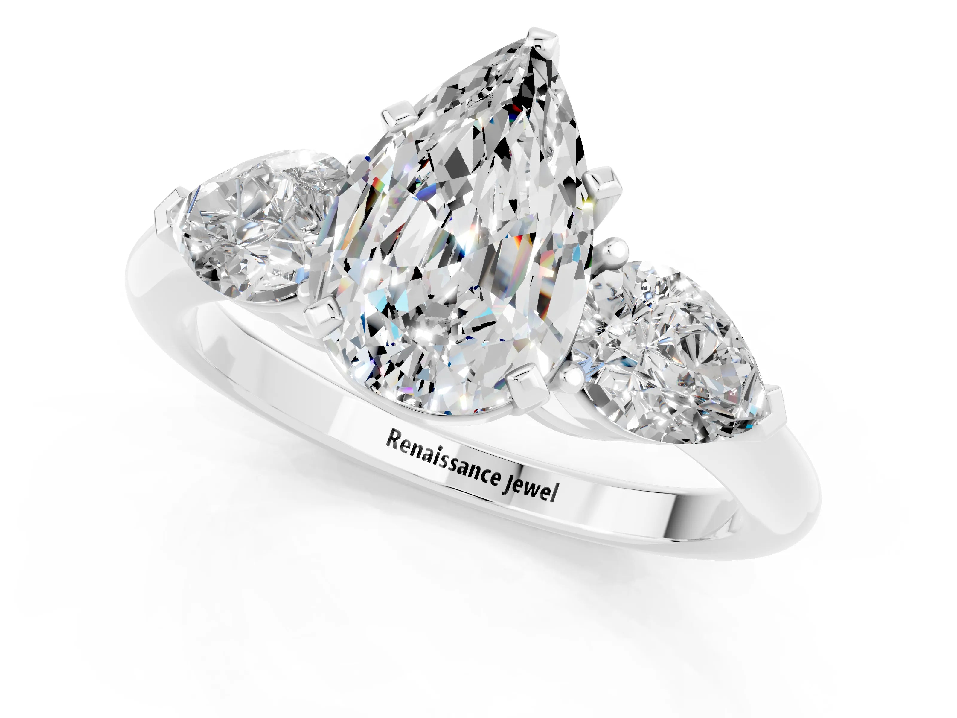 White gold Three-Stone Pear Cut Moissanite Ring with Pear Side Stones and Four-Prong Setting_1
