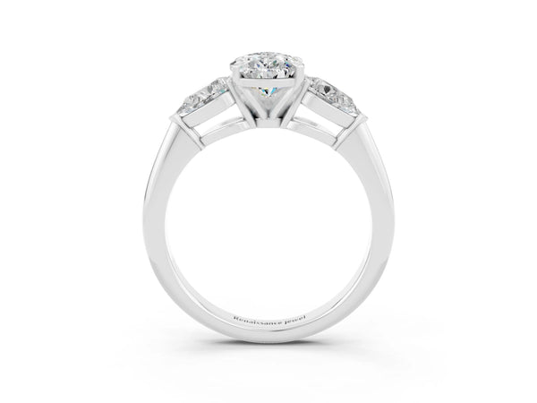 Silver Three-Stone Pear Cut Moissanite Ring with Pear Side Stones and Four-Prong Setting